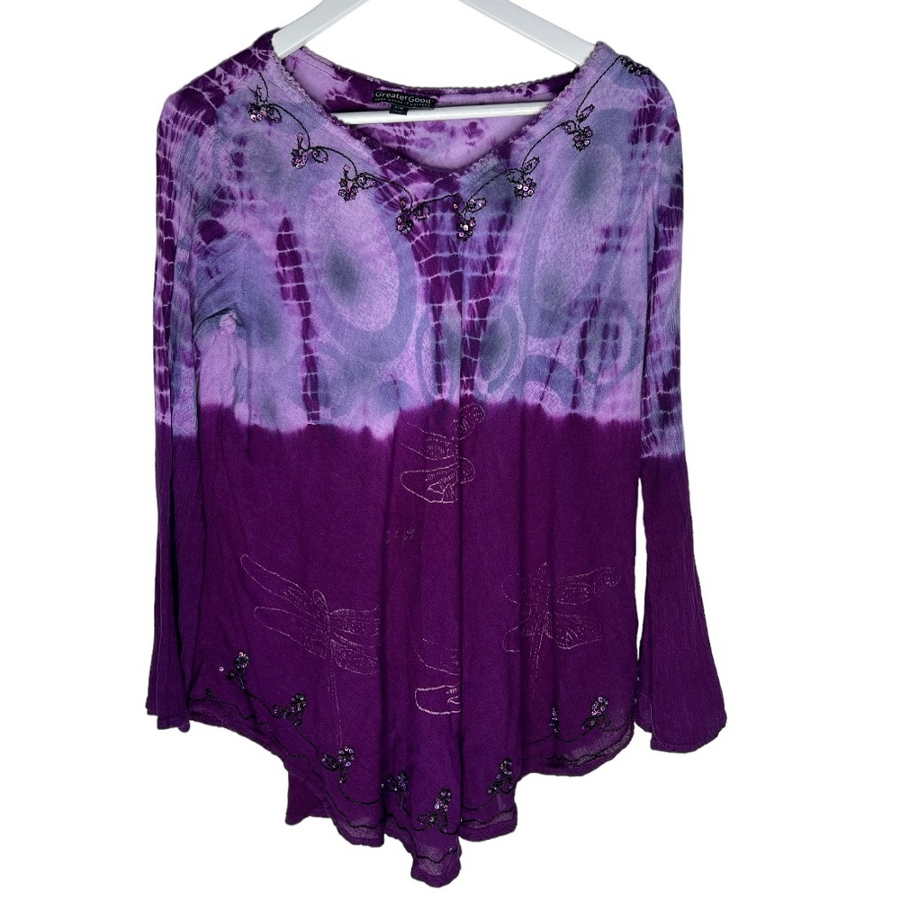 Greater Good Dragon Fly Purple Top Peasant Boho 100% Rayon
